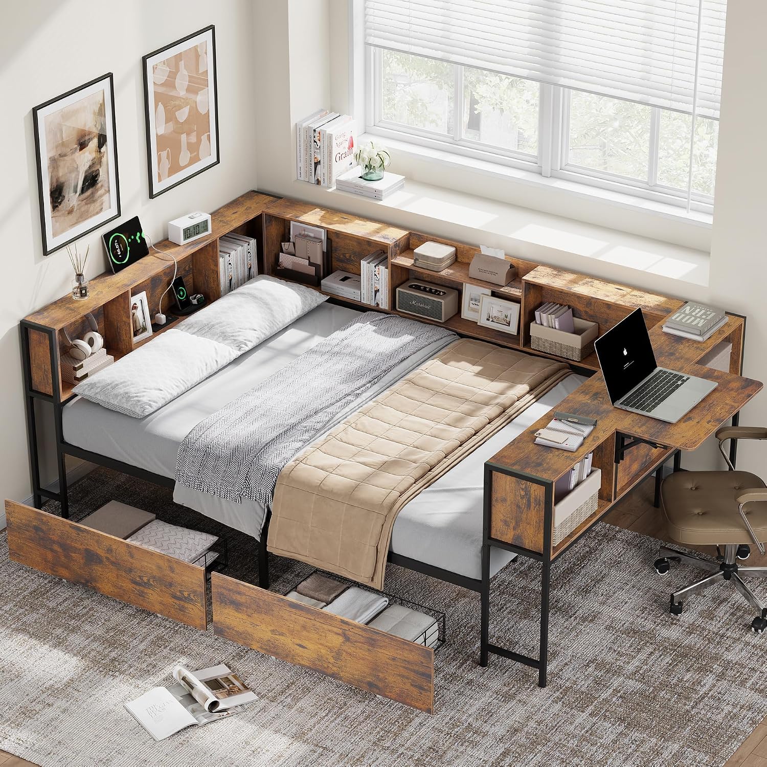 Full Corner Bed Frame with Storage Bookcase and Desktop, Daybed with Charging Station & 2 Storage Drawers, Full Size U-Shaped Metal Platform Bed for Teen & Kids, Bedroom, Living Room, Vintage Brown