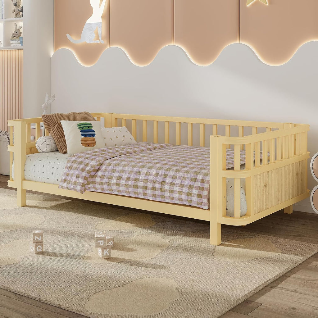 Harper & Bright Designs Twin Size Daybed with Guardrails, Kids Platform Bed with Detachable Safety Rails and Rounded Corners, Modern Iron Low Profile Platform Bed for Kids, Girls and Boys, Natural