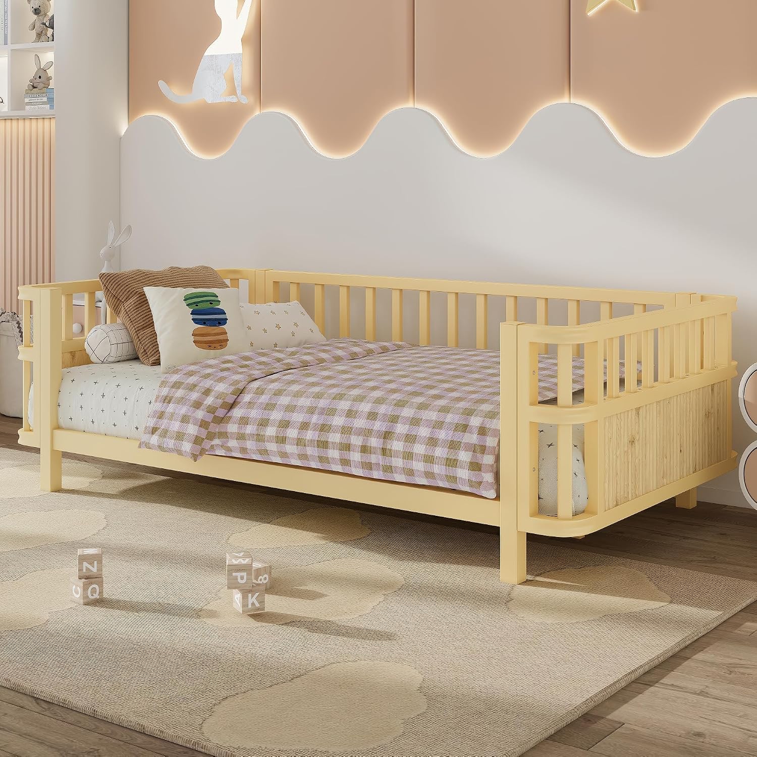 Harper & Bright Designs Twin Size Daybed with Guardrails, Kids Platform Bed with Detachable Safety Rails and Rounded Corners, Modern Iron Low Profile Platform Bed for Kids, Girls and Boys, Natural