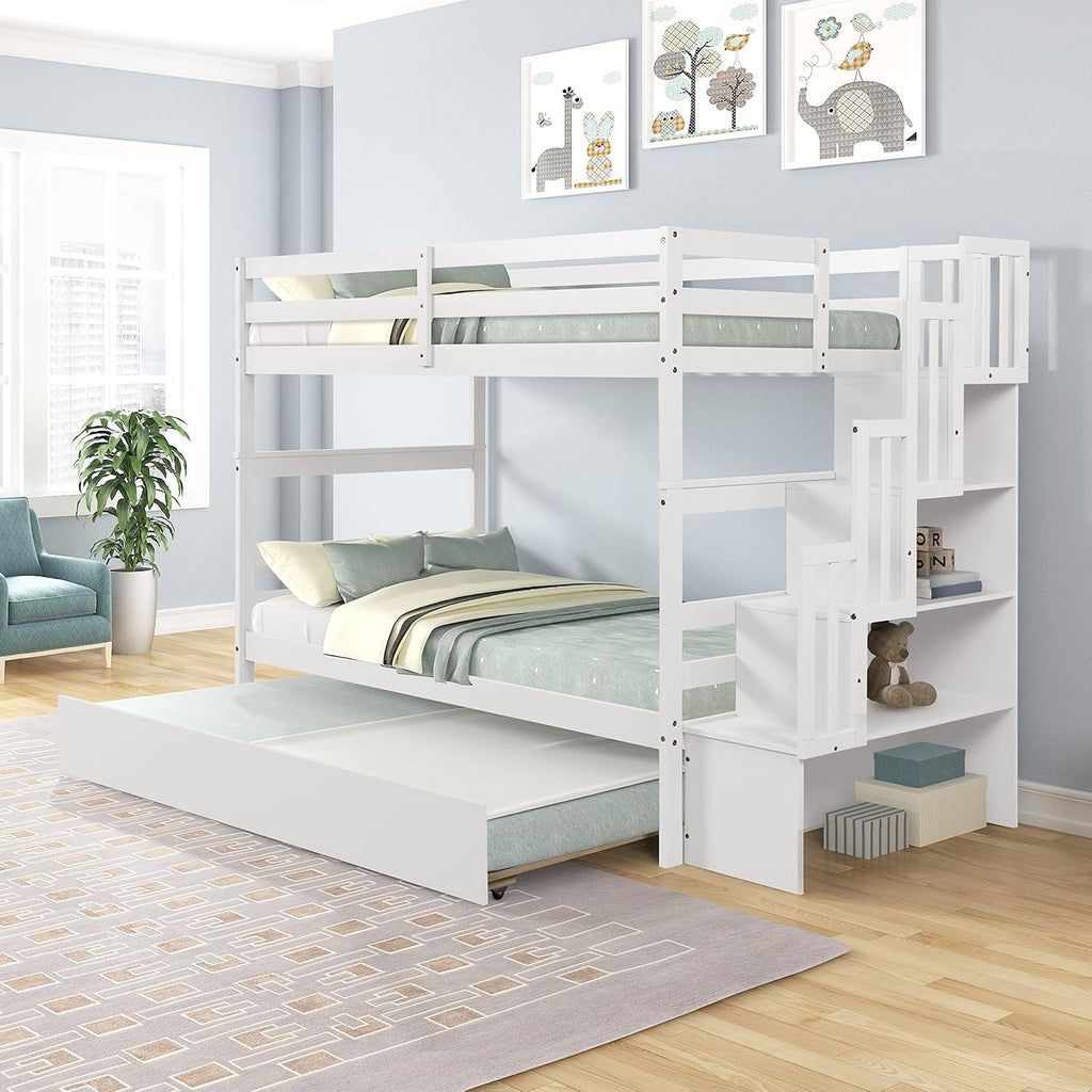 Ball & Cast Twin Over Twin Bunk Beds with Trundle,Wood Bedframe W/Safty Guardrail & Stairway Storage,No Box Spring Needed,Easy Assembly,Multiple Functional Bedroom Furniture for Boy Girl Teens,White