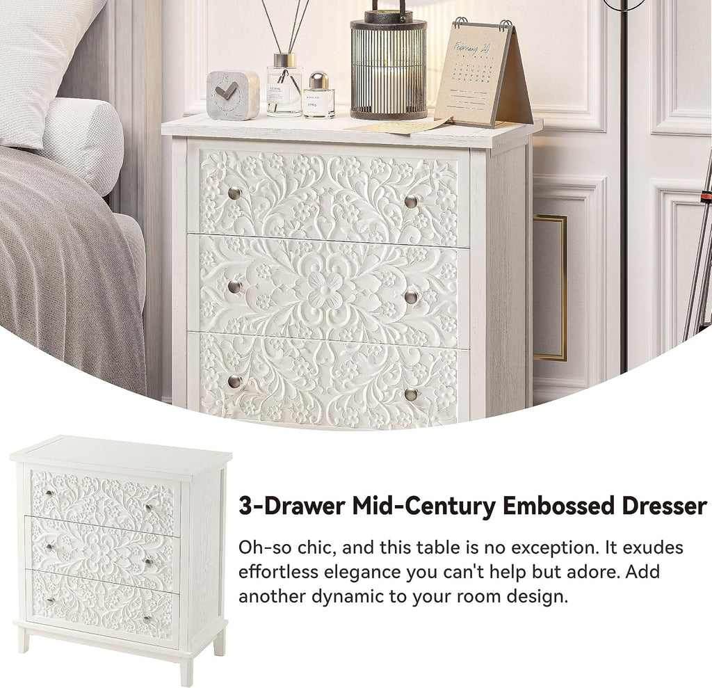 COZAYH 3-Drawer Fully-Assembled Flower Motif Dresser, Set of 2 Nightstand for French Country, Farmhouse, Modern, Rustic Style, Distressed Finish, White-Washed