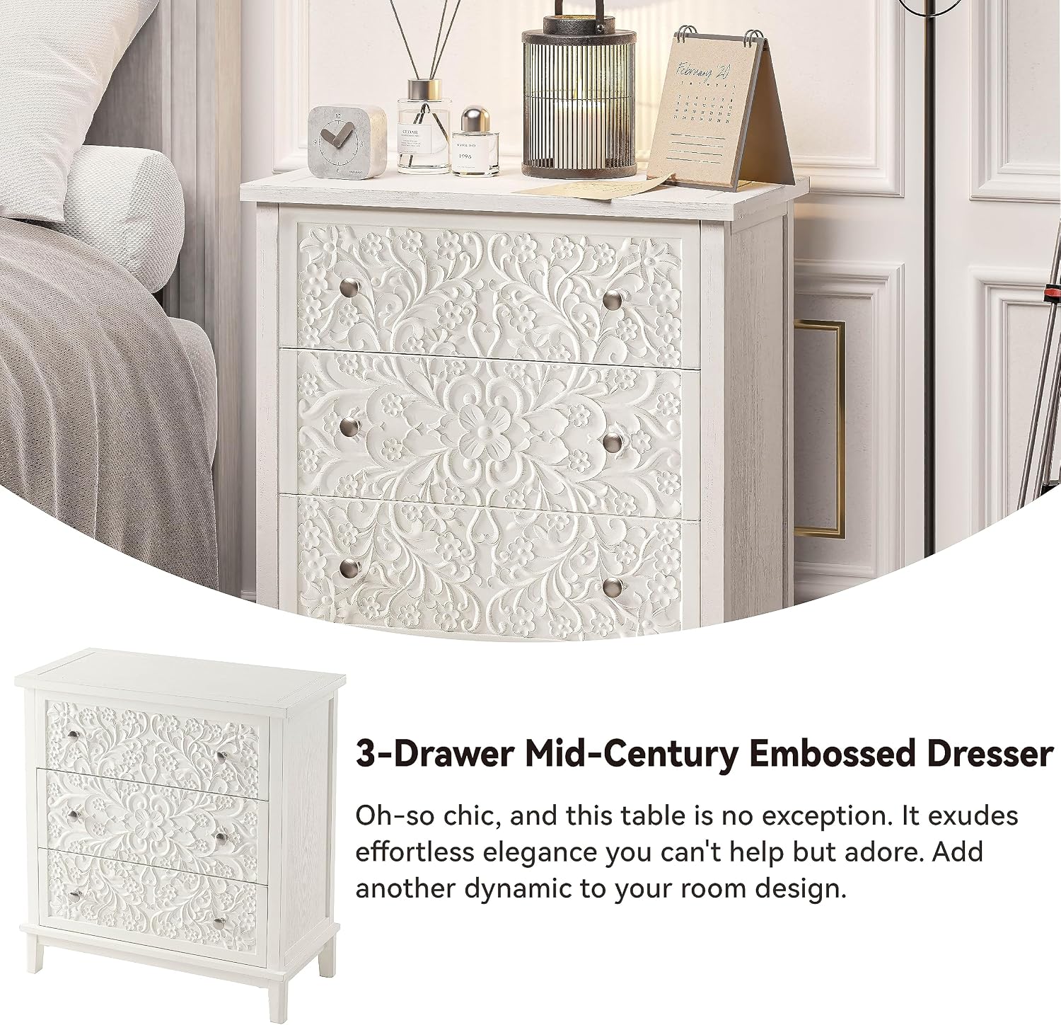 COZAYH 3-Drawer Fully-Assembled Flower Motif Dresser, Set of 2 Nightstand for French Country, Farmhouse, Modern, Rustic Style, Distressed Finish, White-Washed