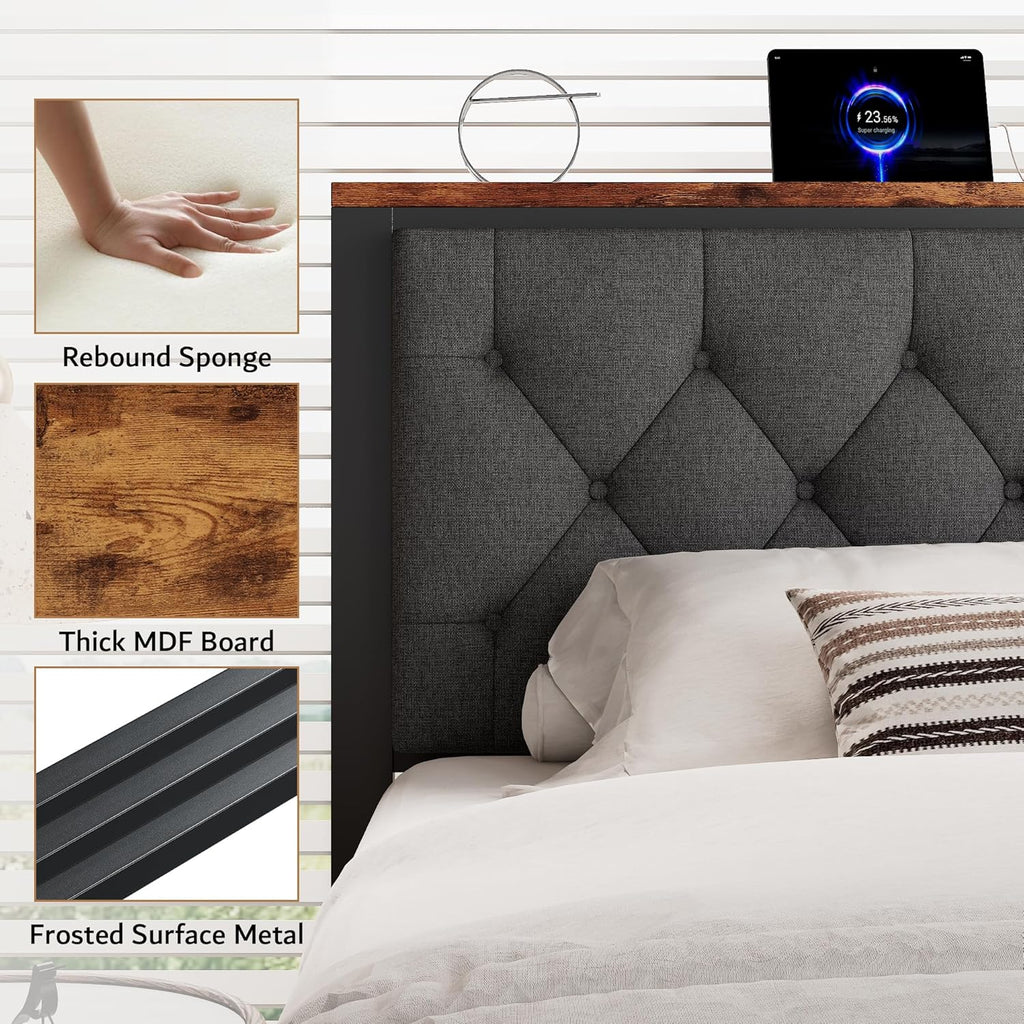 iPormis Queen Bed Frame with 2 Storage Drawers, Linen Upholstered Headboard Platform Bed with Charging Station, No Box Spring Needed, Metal Slats Support, Noise-Free, Easy Assembly, Grey
