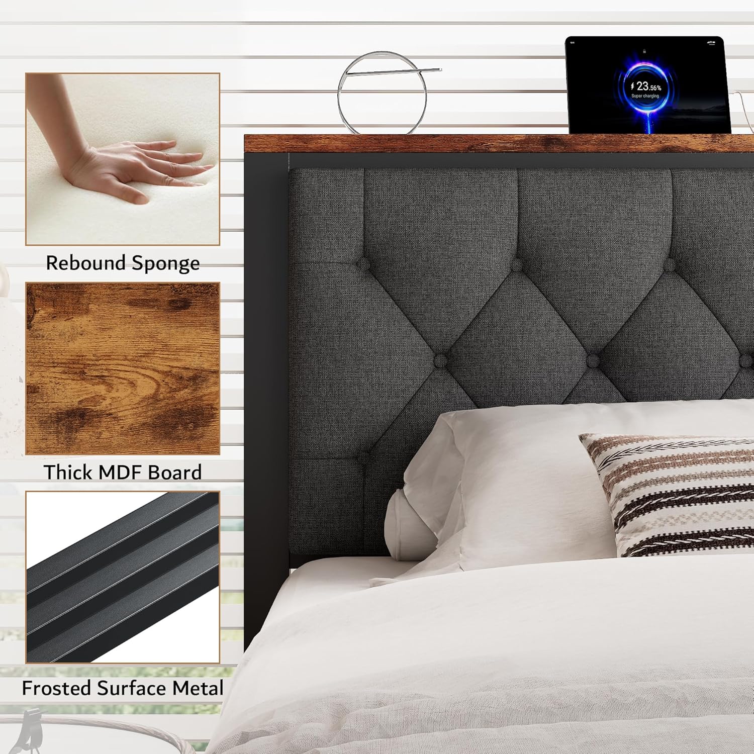 iPormis Full Bed Frame with 2 Storage Drawers, Linen Upholstered Headboard Platform Bed with Charging Station, No Box Spring Needed, Metal Slats Support, Noise-Free, Easy Assembly, Grey