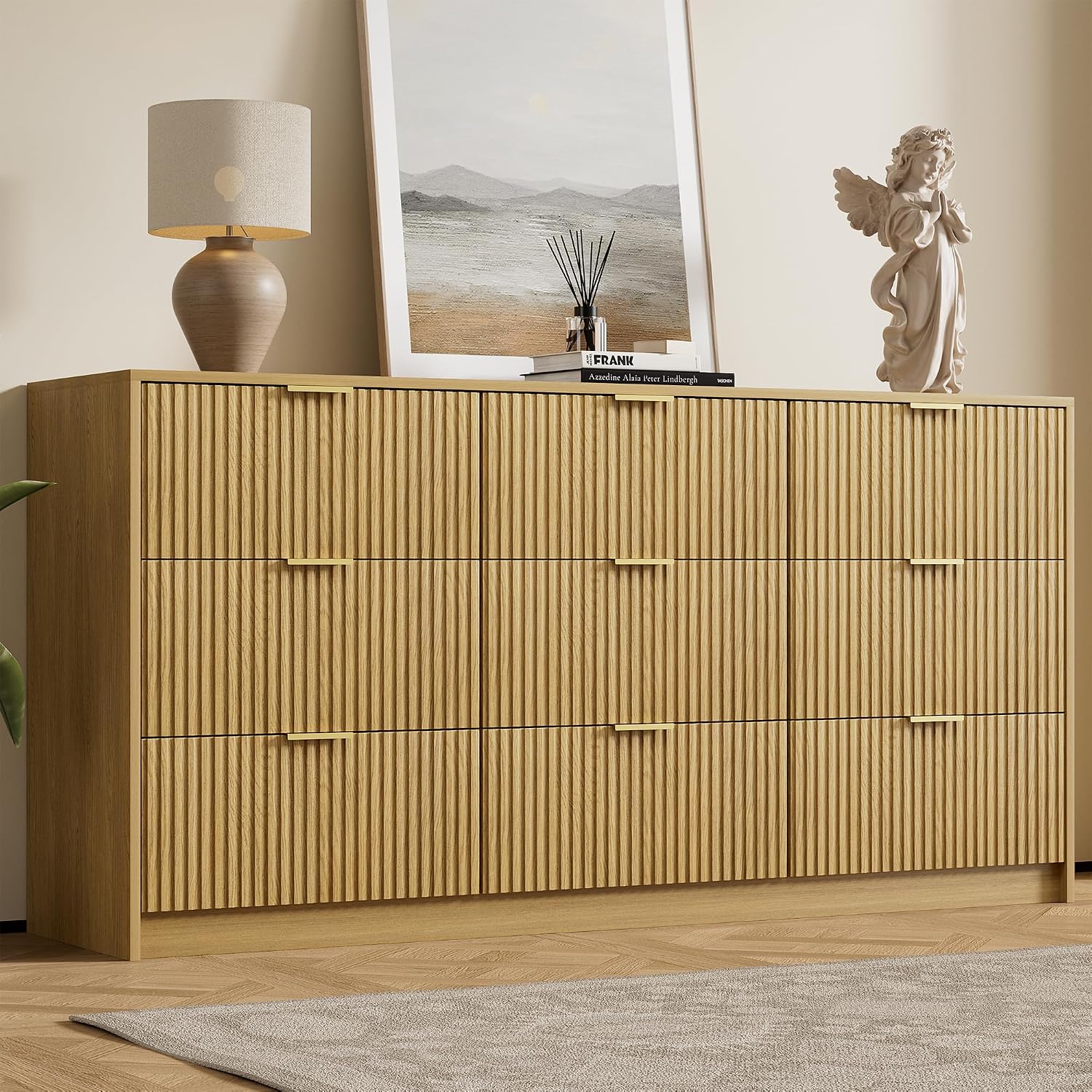 Furniway Mid Century Modern Dresser for Bedroom, 9 Drawer Wood Dresser with Fluted Front and Smooth Slides, 63' Wide Chest of Drawers, Natural Oak