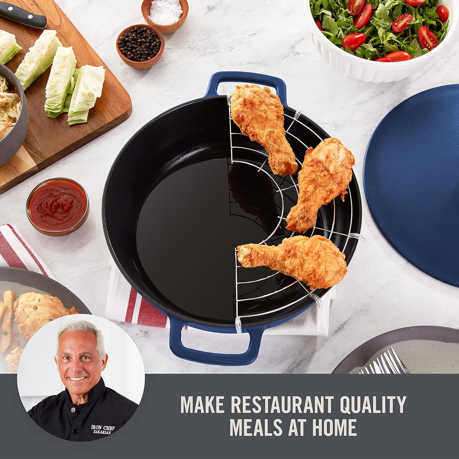 Zakarian x Dash Nonstick Cast Iron Braiser - Oven-Safe Pan with Cast Iron Lid - Features Titanium Ceramic Coating - Easy to Clean - Blue, 4.5-Quart