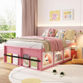 Bellemave Full Size Kids Bed with Display Cabinet, LED Light and Drawer, Wood Full Platform Bed with Bookshelf, BedFrames for Kids, Adults, Pink+White