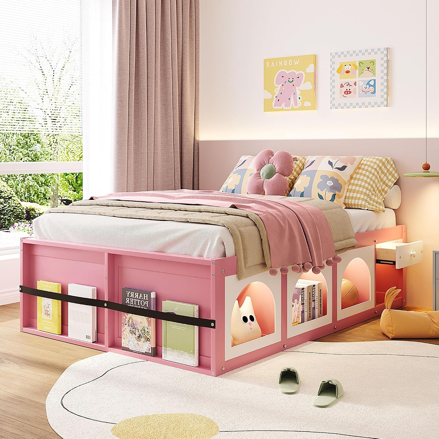 Bellemave Full Size Kids Bed with Display Cabinet, LED Light and Drawer, Wood Full Platform Bed with Bookshelf, BedFrames for Kids, Adults, Pink+White