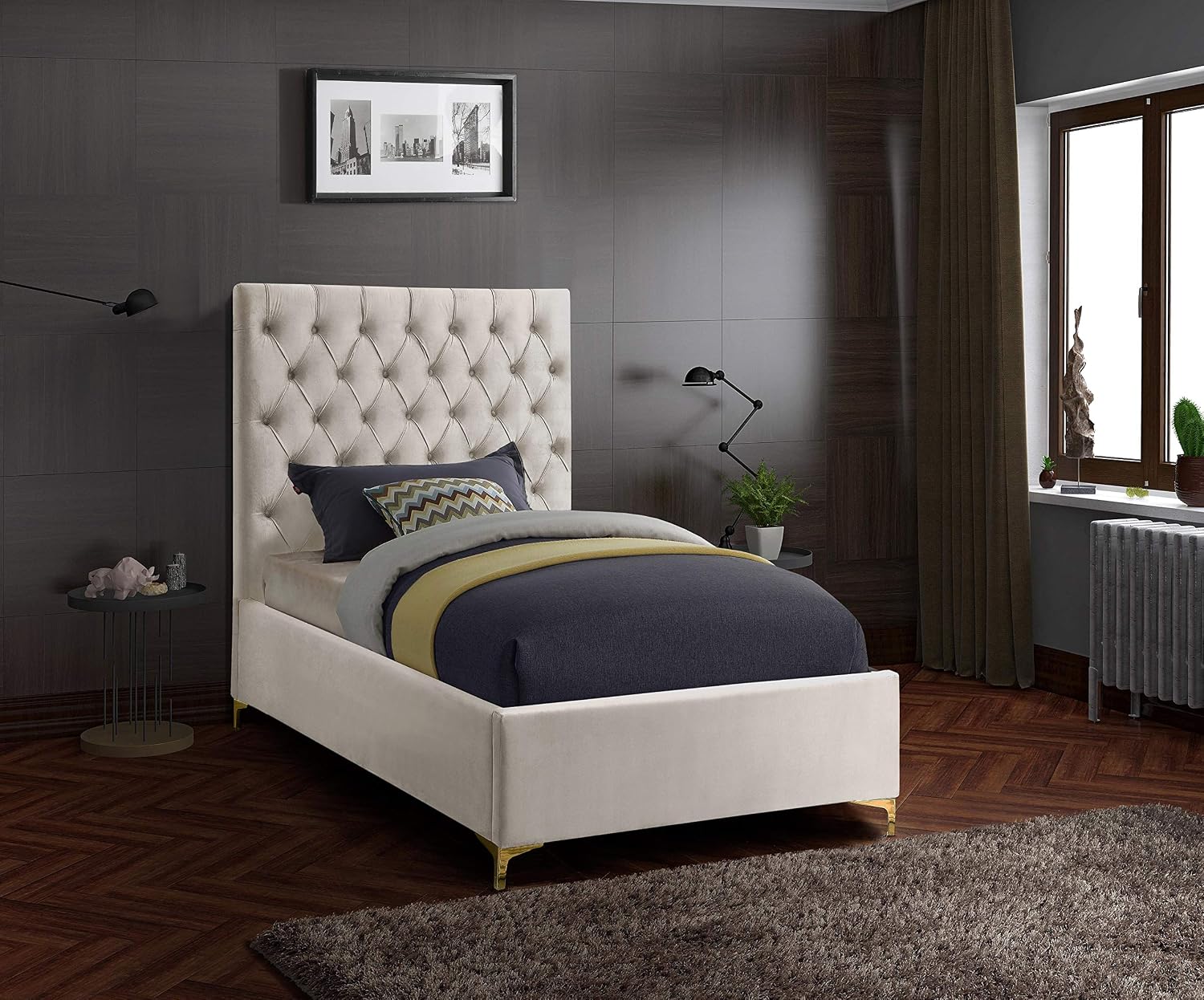 Meridian Furniture Cruz Collection Modern | Contemporary Velvet Upholstered Bed with Deep Button Tufting and Complete Sets of Gold and Chrome Legs Included, Twin, Cream