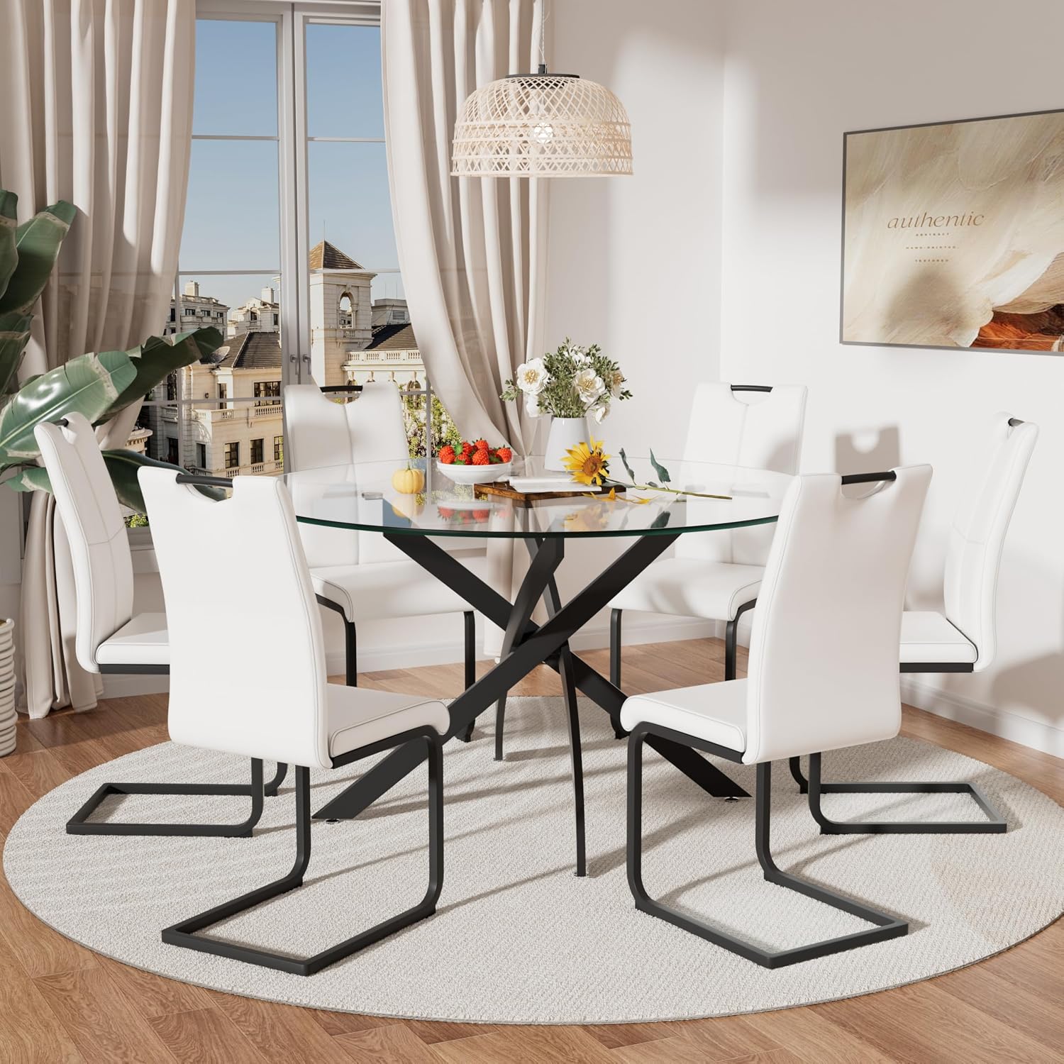 RGZ 7 Piece Luxury Round Dining Table Set, 47'' Modern Circle Kitchen Set for 6, 6 Person Clear Glass Circular Top Dinner Room Set, White PU Faux Leather Chairs, for Large Place Bedroom (Black)
