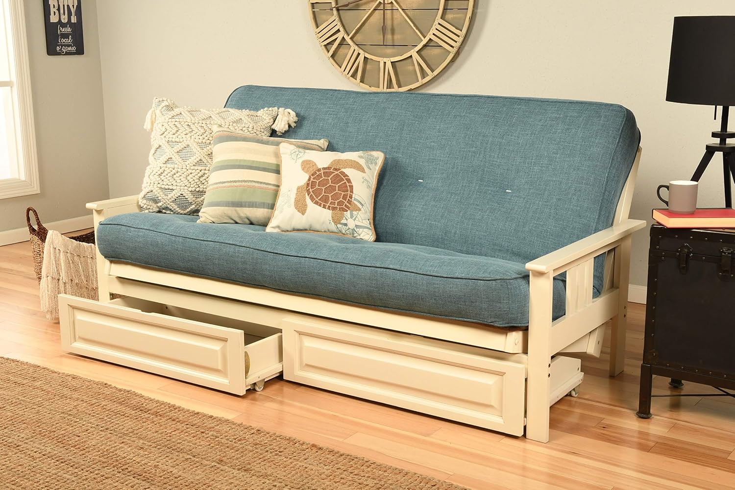 Kodiak Furniture Monterey Futon Set with Storage Drawers, with Antique White Base and Linen Aqua Mattress
