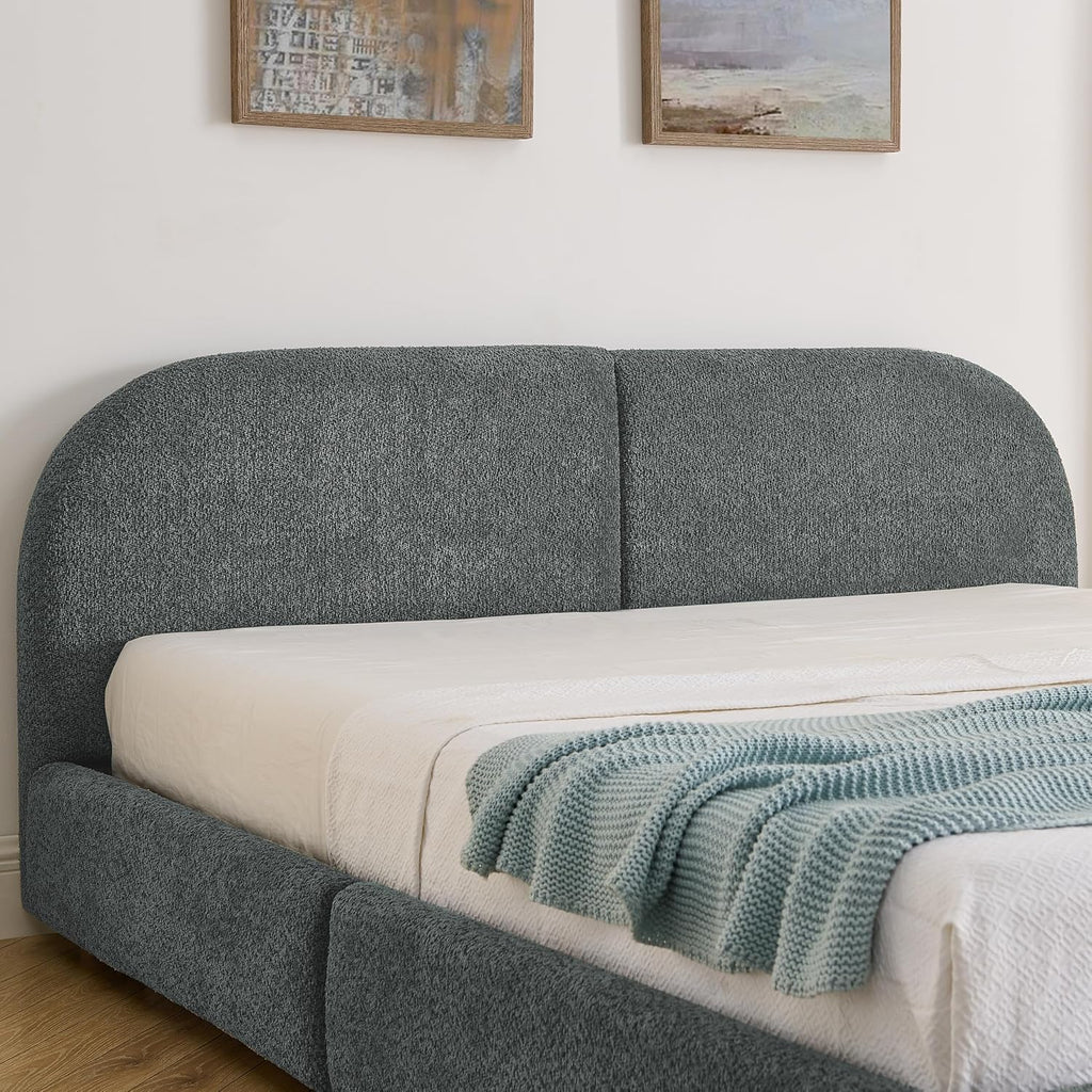 Queen Size Floor Bed Frame with 4 Wheeled Storage Drawer and Tall Curved Headboard, Modern Minimalist Style Upholstered Platform Bed Frame, Wooden Slats Support, Easy Assembly, Dark Grey