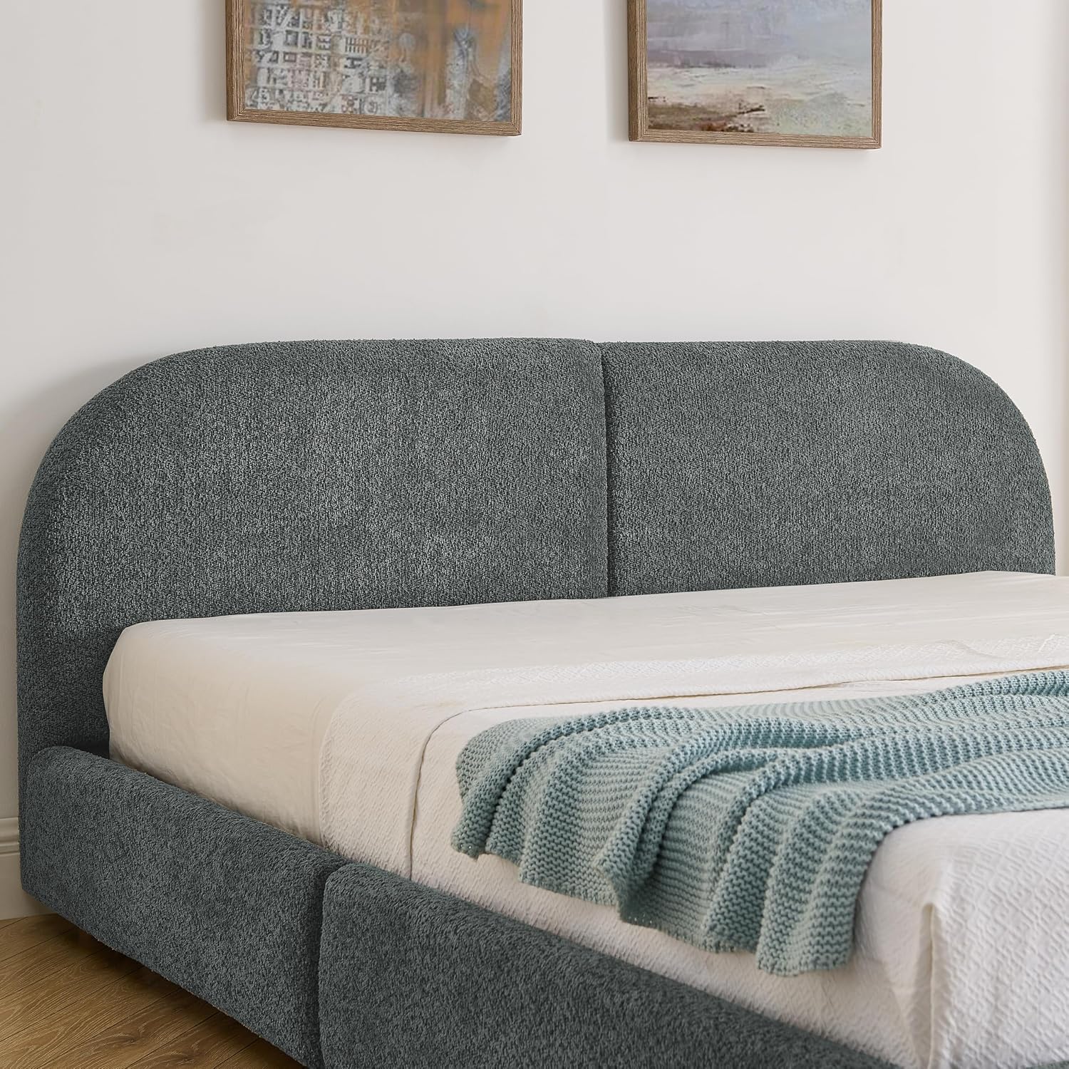 Queen Size Floor Bed Frame with 4 Wheeled Storage Drawer and Tall Curved Headboard, Modern Minimalist Style Upholstered Platform Bed Frame, Wooden Slats Support, Easy Assembly, Dark Grey