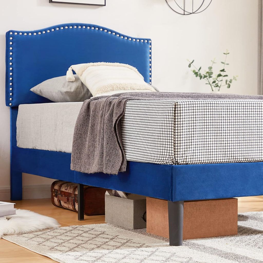 VECELO Twin Bed Frame, Platform Bed Frame with Adjustable Height Upholstered Headboard, Heavy-Duty Frame and Strong Wooden Slats Support, Non-Slip and Noise-Free, Easy Assembly, Dark Blue