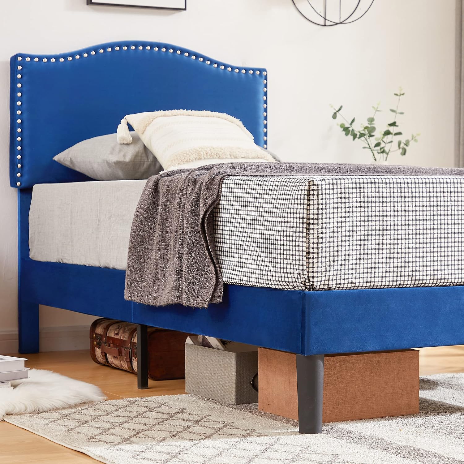 VECELO Twin Bed Frame, Platform Bed Frame with Adjustable Height Upholstered Headboard, Heavy-Duty Frame and Strong Wooden Slats Support, Non-Slip and Noise-Free, Easy Assembly, Dark Blue