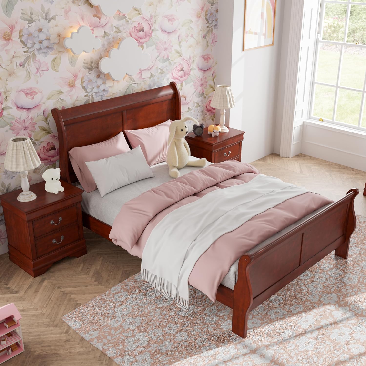 Furniture of America Arabella Traditional Solid Wood 3 Piece Bedroom Set, Full Bed Frame and Nightstands Set of 2, Chic Sleigh Design Bedframe with Headboard and Footboard, Box Spring Needed, Cherry