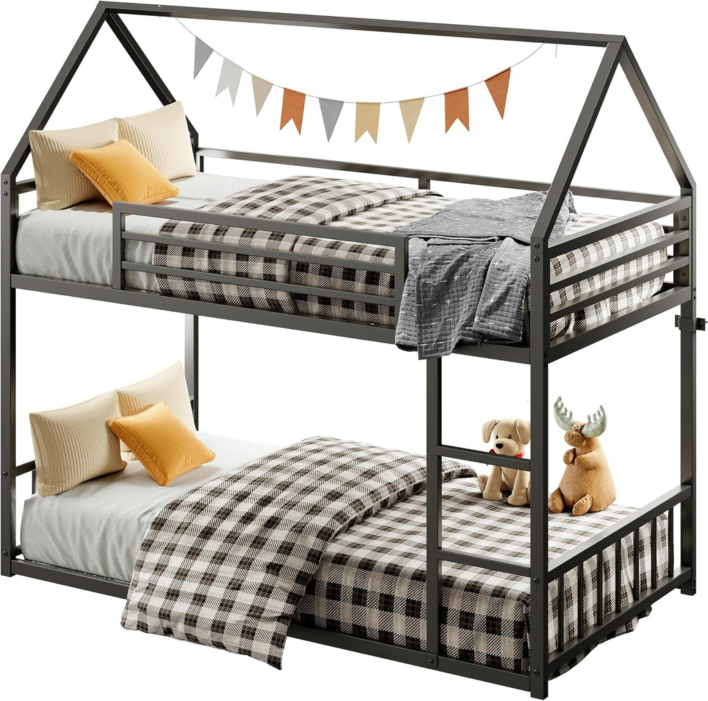 LIKIMIO Bunk Bed Twin Over Twin, House Bunk Bed Frame with Ladder and Guardrail, House Shaped with Metal Slats for Dormitory and Bedroom, Space Saving, No Box Spring Needed, Black