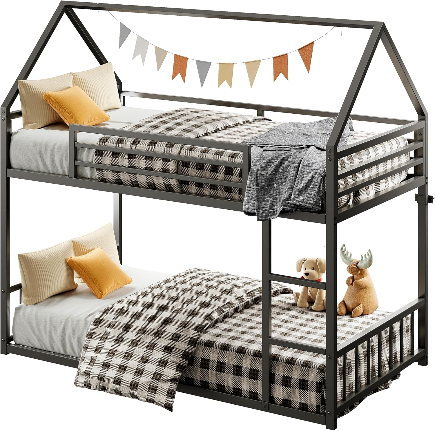 LIKIMIO Bunk Bed Twin Over Twin, House Bunk Bed Frame with Ladder and Guardrail, House Shaped with Metal Slats for Dormitory and Bedroom, Space Saving, No Box Spring Needed, Black