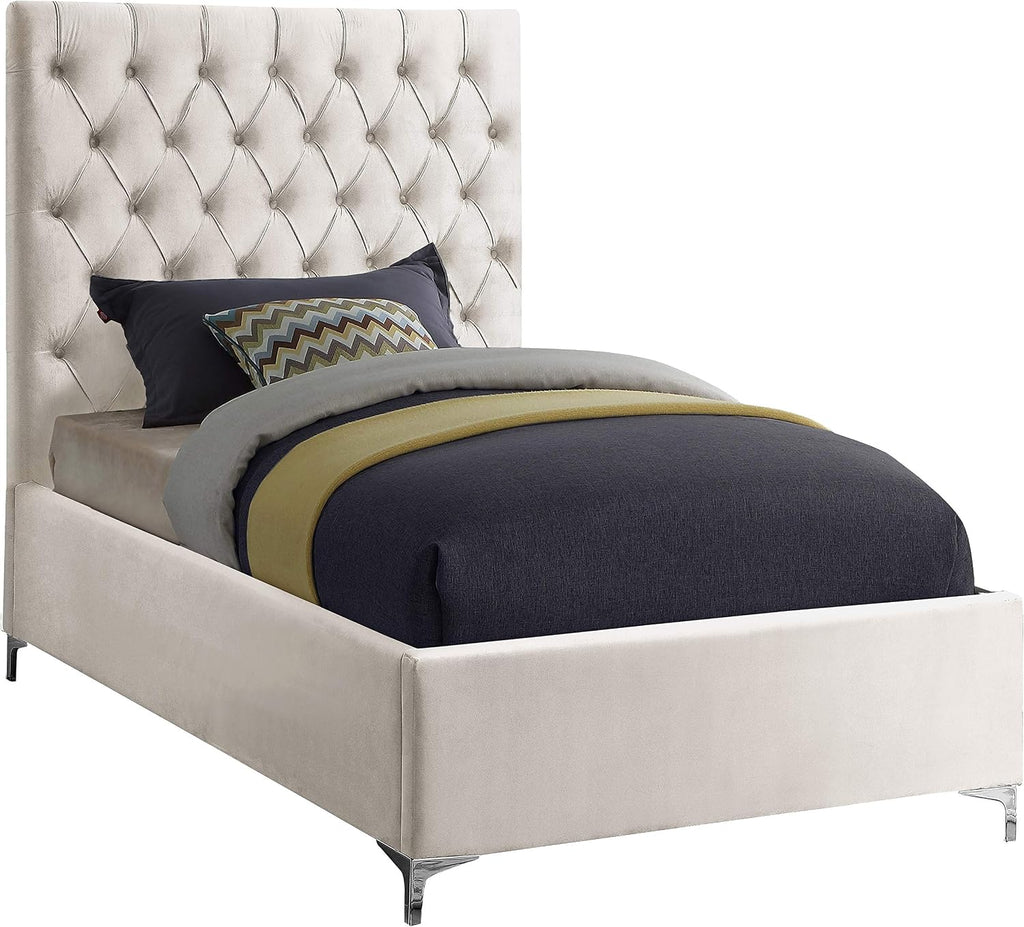 Meridian Furniture Cruz Collection Modern | Contemporary Velvet Upholstered Bed with Deep Button Tufting and Complete Sets of Gold and Chrome Legs Included, Twin, Cream