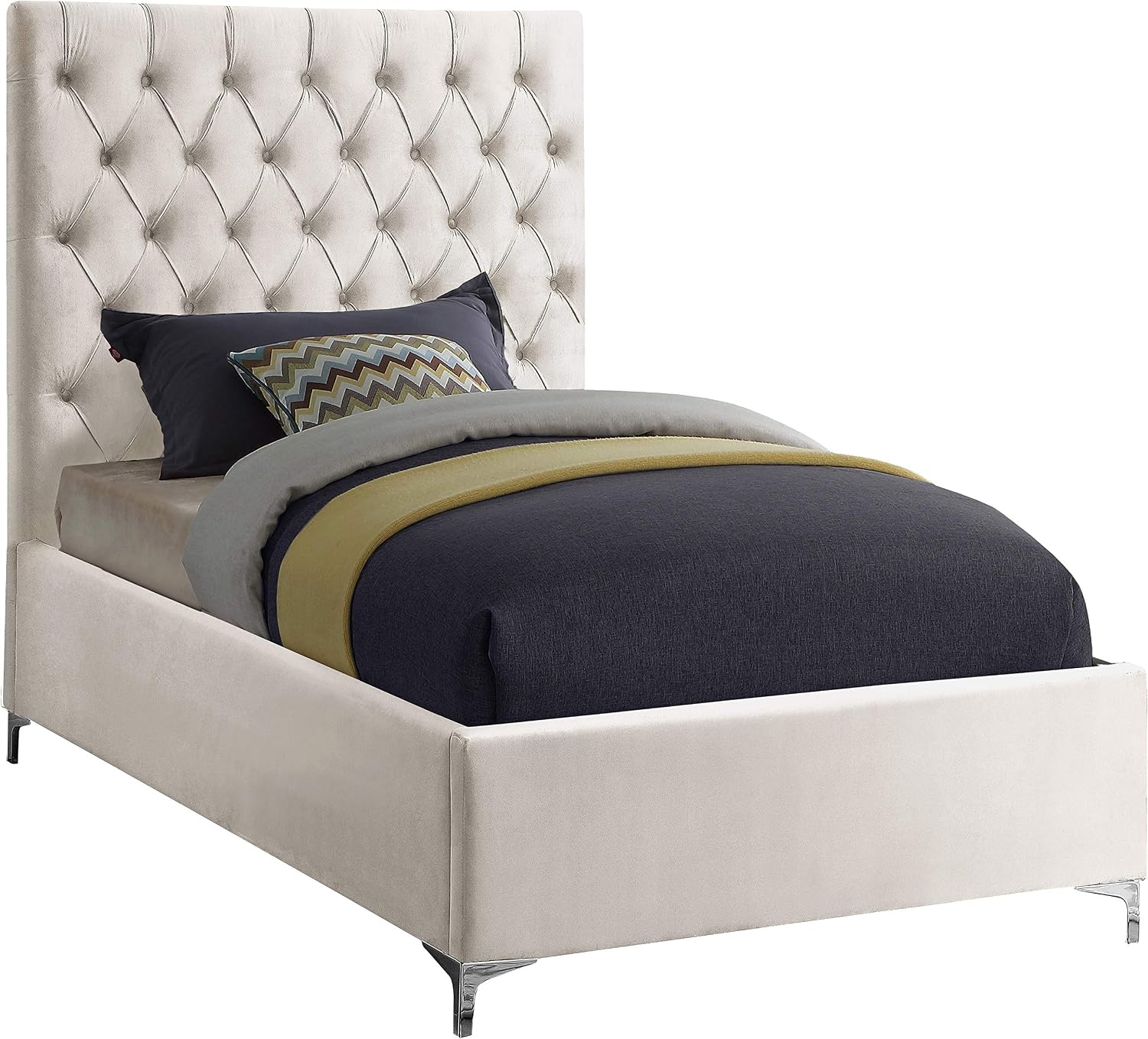 Meridian Furniture Cruz Collection Modern | Contemporary Velvet Upholstered Bed with Deep Button Tufting and Complete Sets of Gold and Chrome Legs Included, Twin, Cream