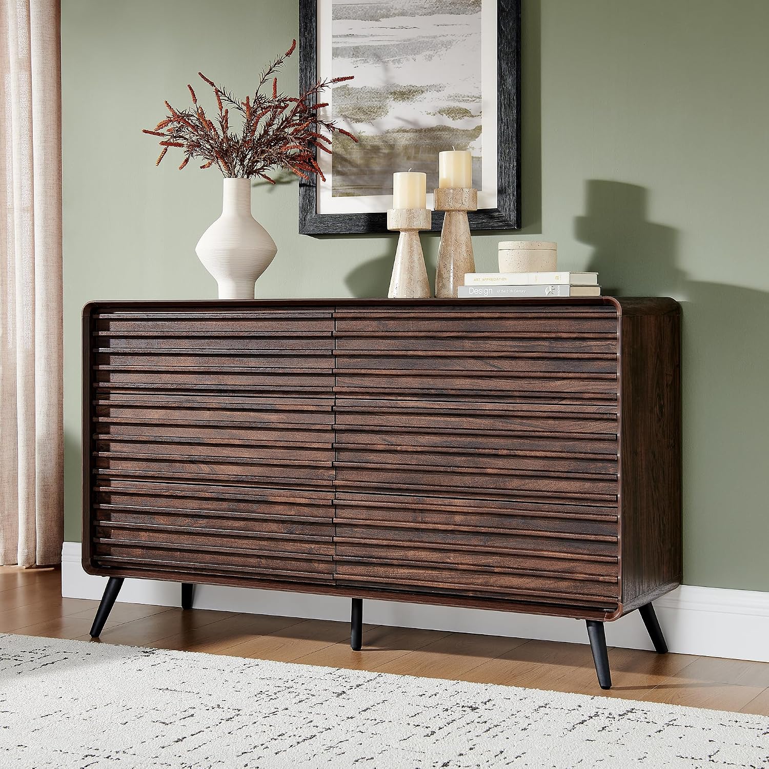 RedLemon 6 Drawers Dresser for Bedroom, 54'' Wide Mid Century Modern Wood Fluted Double Dresser, Chest of Drawers with Tapered Leg for Bedroom, Living Room, Hallway, Closet, Dark Walnut