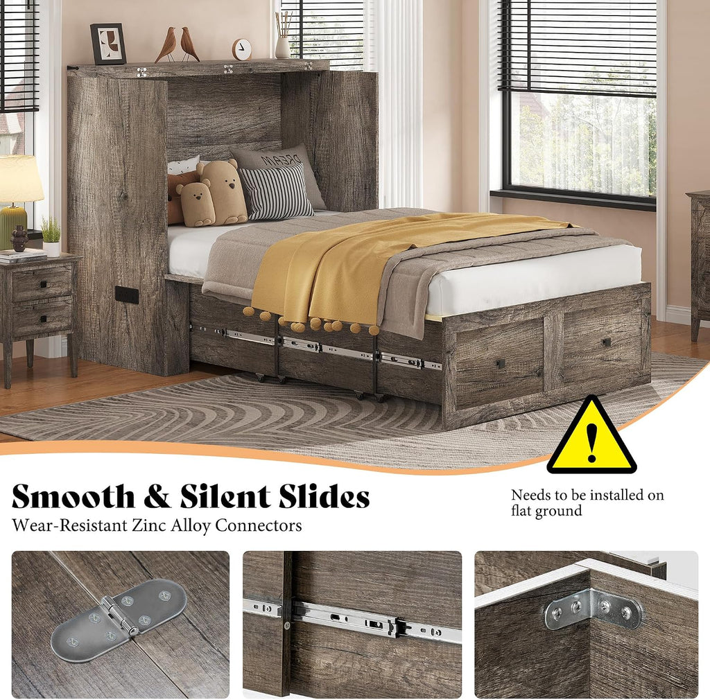 AMERLIFE Twin Murphy Bed Cabinet with Charging Station and Storage Drawer, Farmhouse Foldable Platform Bed for Home Office, Apartment, Small Spaces, Rustic Grey