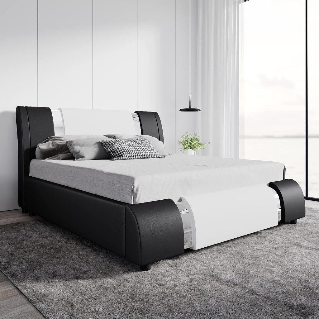 SHA CERLIN Queen Platform Bed Frame with Iron Pieces Decor and Adjustable Headboard/Deluxe Upholstered Modern Bed with Solid Wooden Slats Support/No Box Spring Needed, White with Black Sides