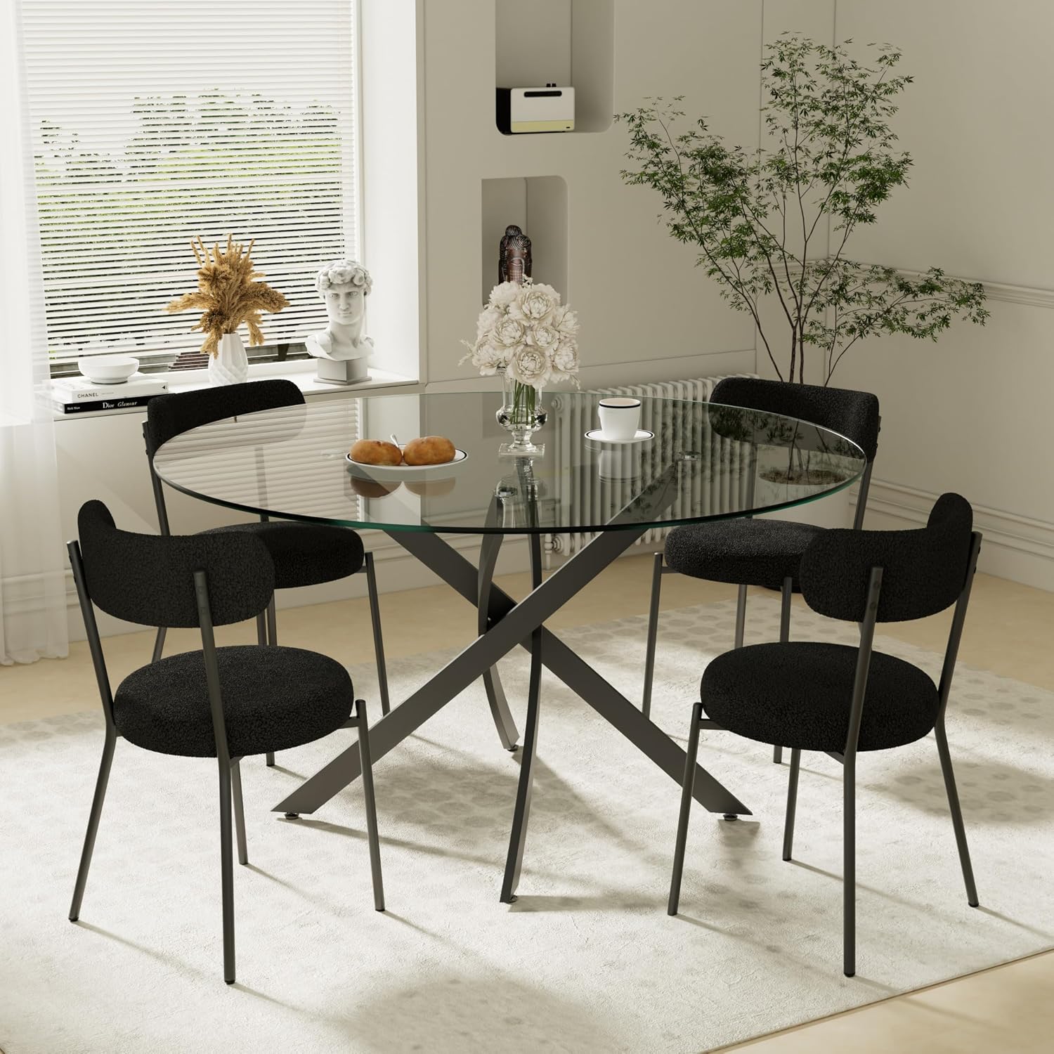 RGZ 5 Piece Luxury Round Dining Table Set, 47'' Modern Circle Kitchen Set for 4, 4 Person Clear Glass Circular Top Dinner Room Set, Black Boucle Chairs, for Living Room Large Apartment (Black)