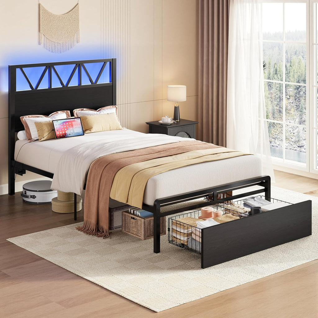 LIKIMIO Twin XL Bed Frames with Storage Drawer, Charging Station and LED Lights, Twin XL Bed Frame with Headboard, No Box Spring Needed, Easy Assembly for Teen Room, Small Apartment, Bedroom, Black