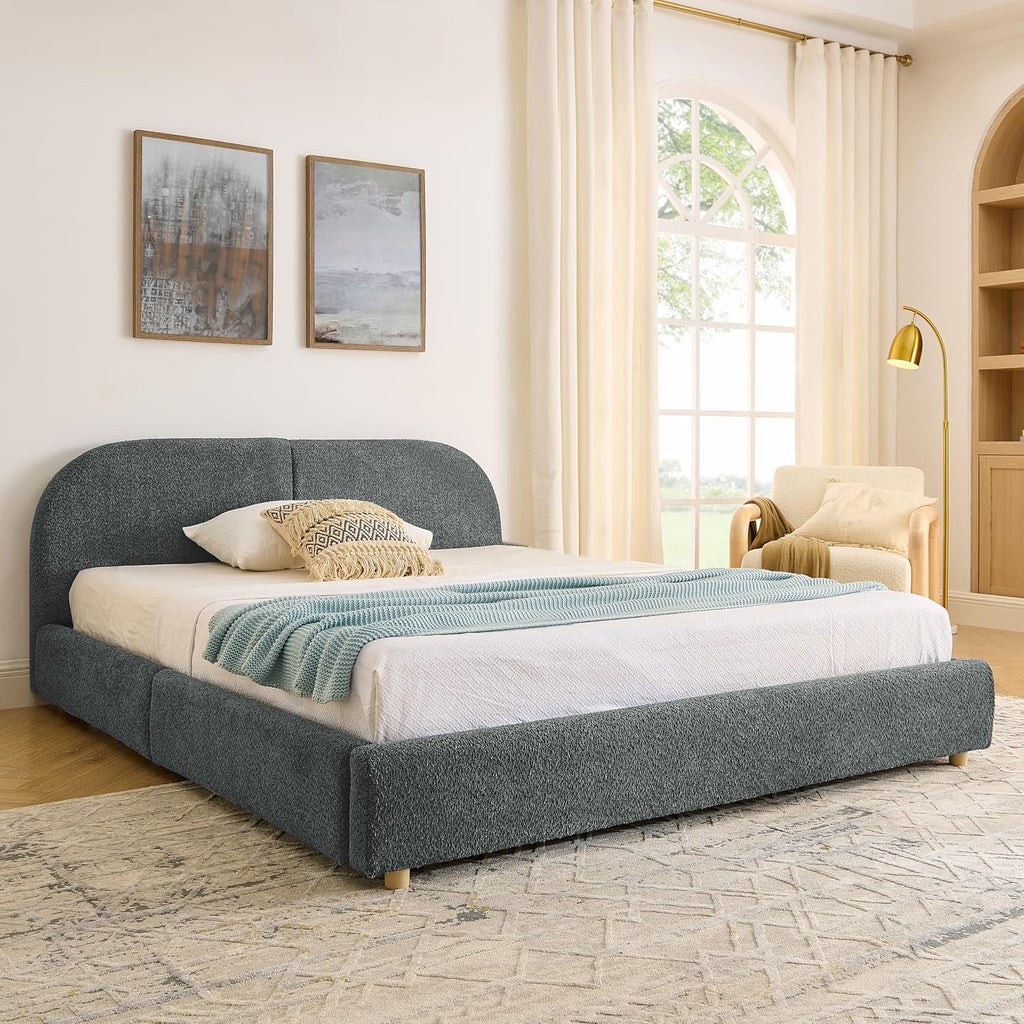 Queen Size Floor Bed Frame with 4 Wheeled Storage Drawer and Tall Curved Headboard, Modern Minimalist Style Upholstered Platform Bed Frame, Wooden Slats Support, Easy Assembly, Dark Grey