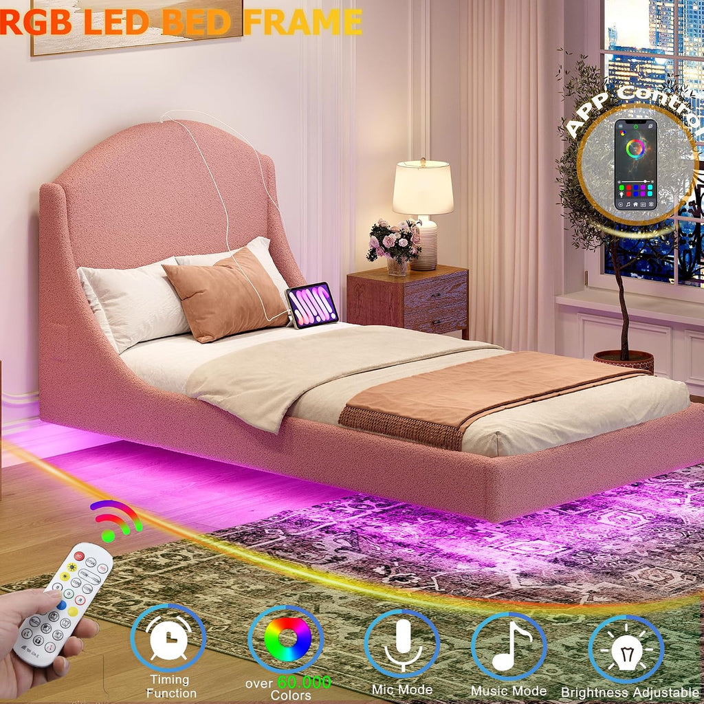 Ailisite Twin Size Floating Bed Frame with Upholstered Headboard and Charging Station, Boucle Platform Bed Frame Queen Size with RGB Led Lights, Strong Wood Slat Support, No Box Spring Needed,Pink