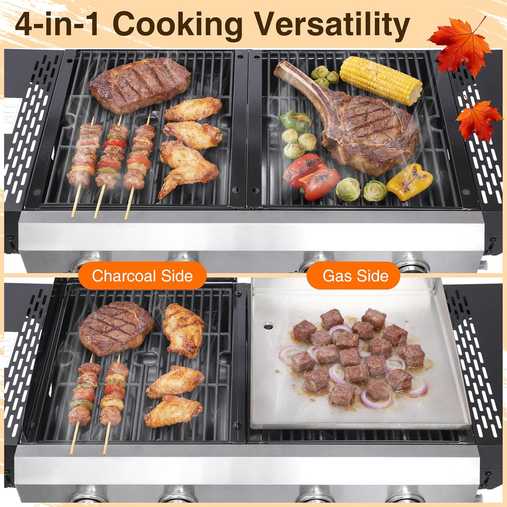 Propane Gas Griddle Grill Combo, 2-in-1 BBQ with Flat Top & Cast Iron Grate, 4 Burner Outdoor Cooking Station with Folding Shelf & Wheels, Stainless Steel Cart for Backyard Patio