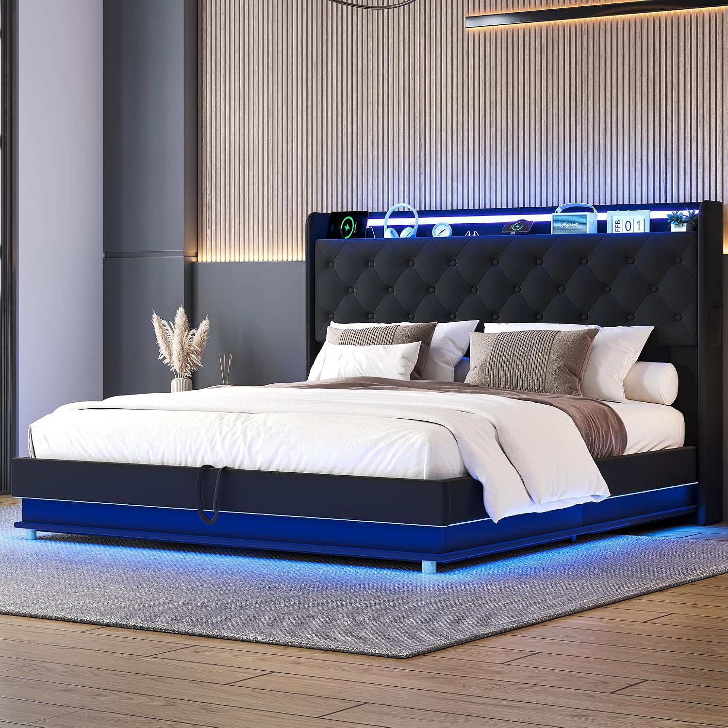 Ailisite Lift Up Storage Bed Full, Bed Frame Full Size with Charging Station & Led Lights, Upholstered Storage Bed with Wingback 2-Tier Bookcase Headboard, Hydraulic Lift, No Box Spring Needed,Black