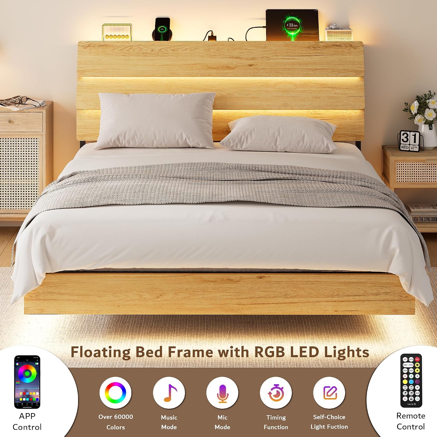 iPormis Floating Queen Metal Bed Frame with LED Lights & Charging Station, Platform Bed with Wooden Storage Headboard, Sturdy Steel Slats, No Box Spring Needed, Easy Assembly, Noise-Free, Oak