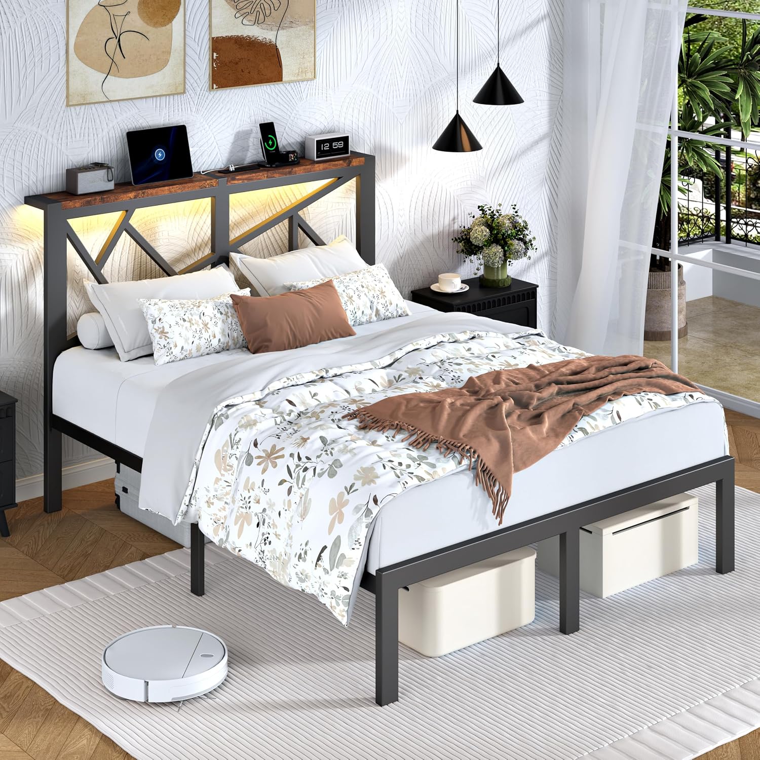 DynJest Full Size Metal Bed Frame with LED Lights, Storage Headboard with Charging Station, Modern Full Platform Bed with Heavy Duty Supports, No Box Spring Needed, Noise Free, Easy Assembly, Black