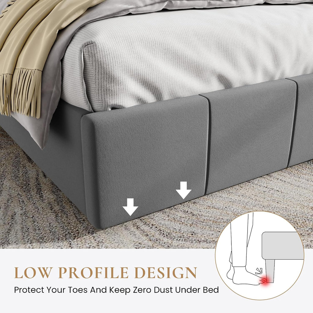 SHA CERLIN Full Size Bed Frame, Velvet Upholstered Platform Bed, Vertical Channel Tufted Adjustable Headboard, Low Profile Bed Frame, No Box Spring Needed, Easy Assembly, Grey