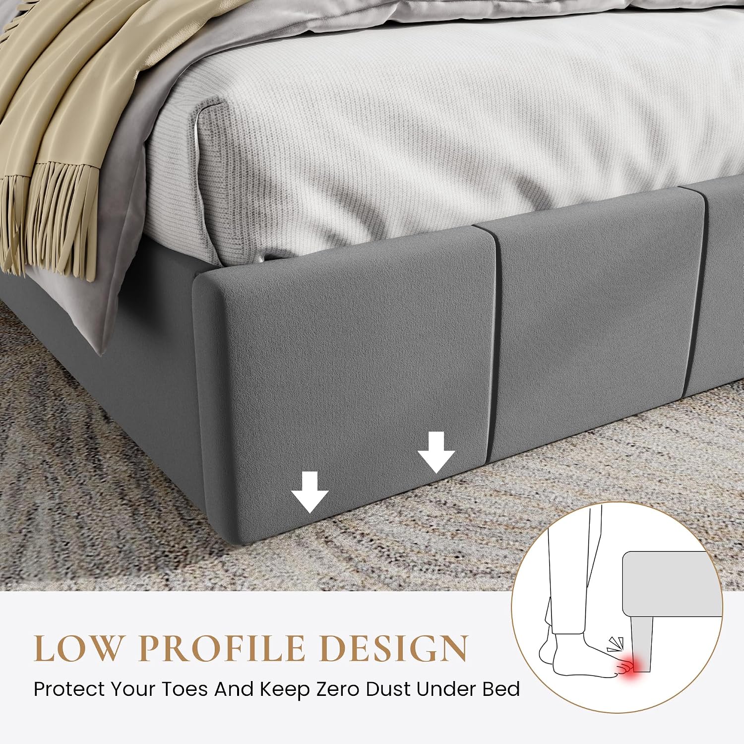 SHA CERLIN Full Size Bed Frame, Velvet Upholstered Platform Bed, Vertical Channel Tufted Adjustable Headboard, Low Profile Bed Frame, No Box Spring Needed, Easy Assembly, Grey