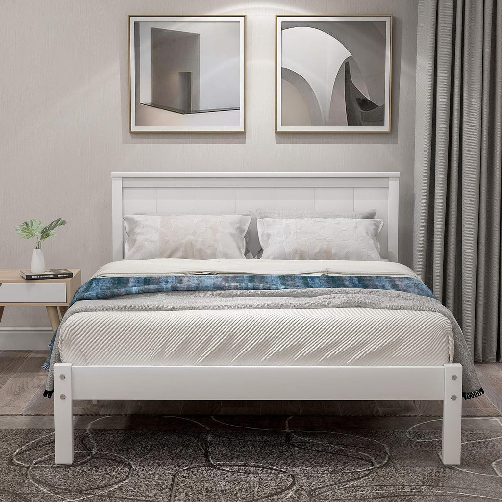 Twin Size Wood Bed Frame and Headboard, Modern Retro White Platform Beds Frames, Sturdy and Durable Design Rustic Wooden Bedroom Set, Easy Assembly, No Box Spring Needed (White, Twin)