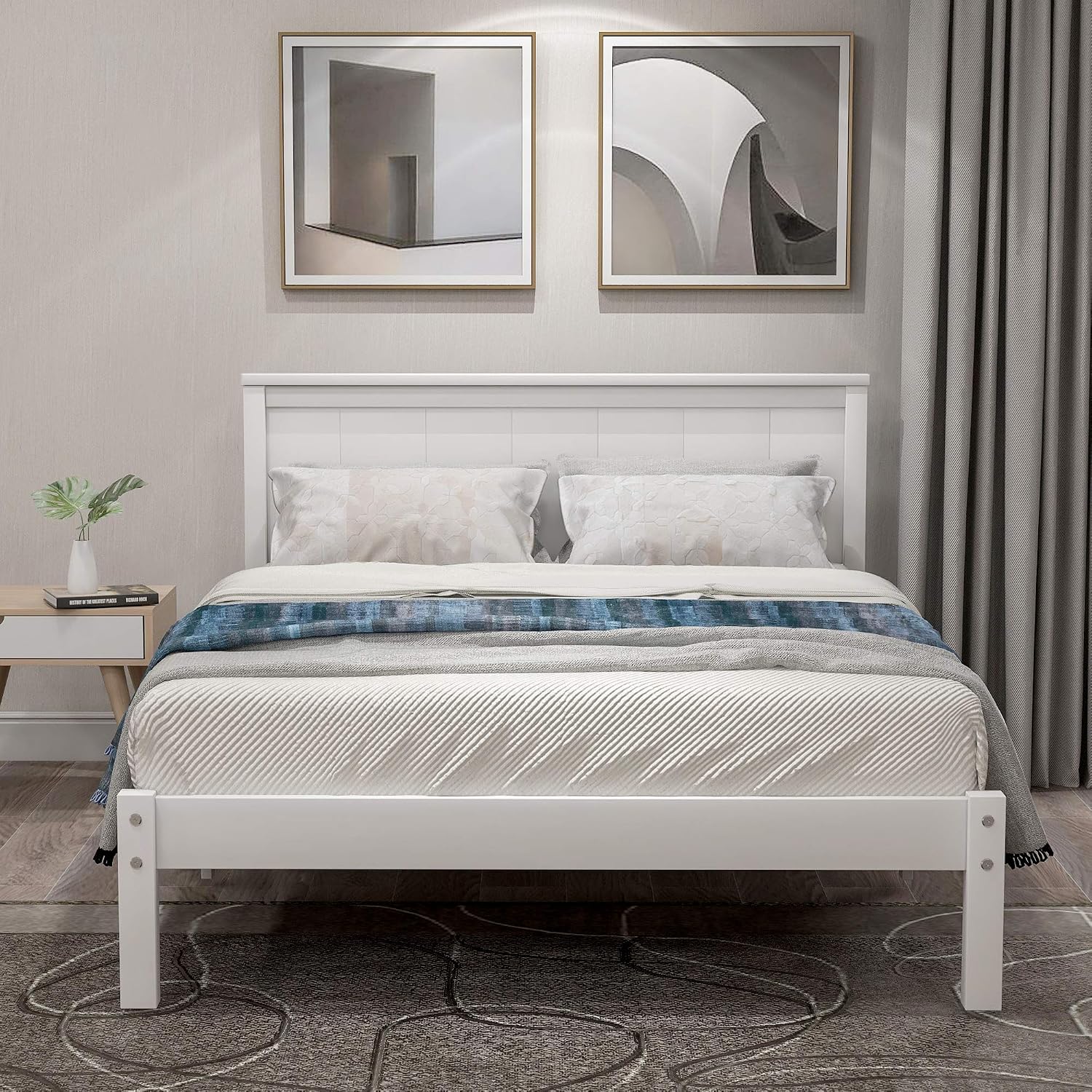 Twin Size Wood Bed Frame and Headboard, Modern Retro White Platform Beds Frames, Sturdy and Durable Design Rustic Wooden Bedroom Set, Easy Assembly, No Box Spring Needed (White, Twin)