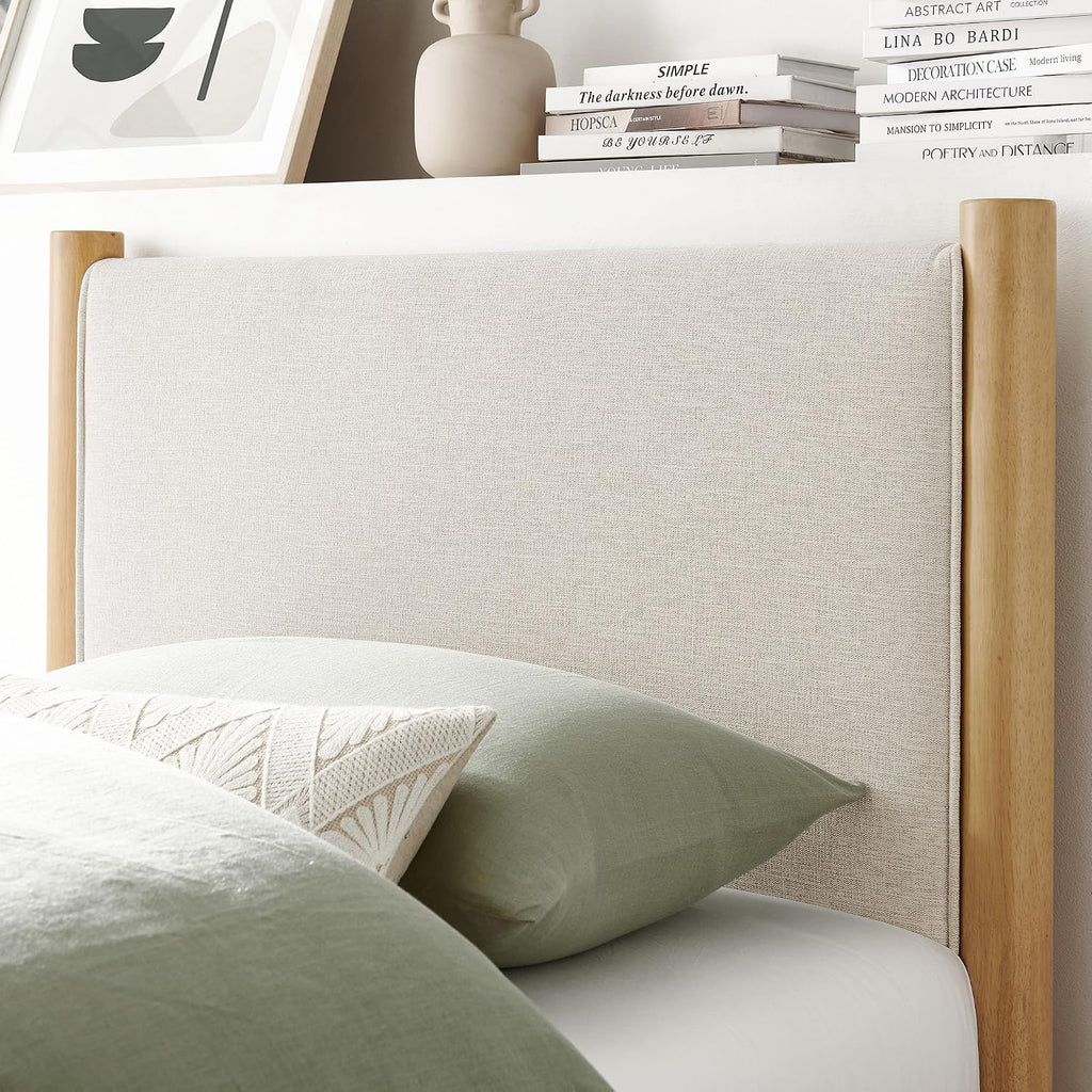 Modway Maven Twin Size Bed Frame in Ivory Oak with Upholstered Fabric Headboard and Footboard – Wood Twin Platform Bed Frame – No Box Spring Needed