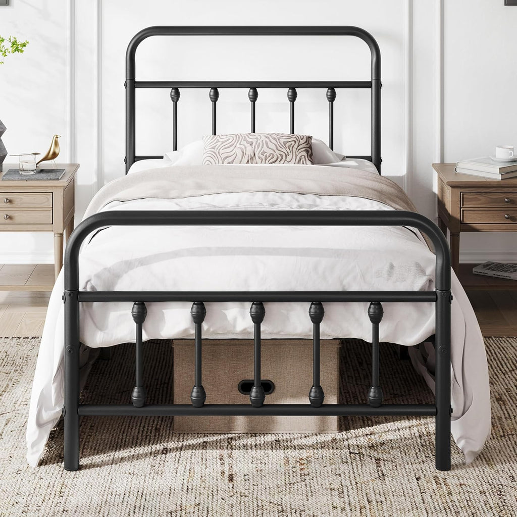 Yaheetech 2 Pcs Twin XL Bed Frame Metal Platform Bed with Victorian Style Iron-Art Headboard/Footboard/Under Bed Storage/No Box Spring Needed Black
