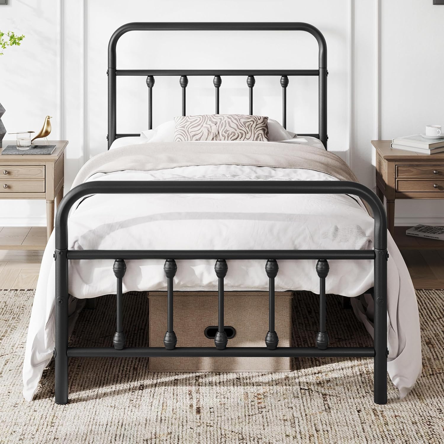 Yaheetech 2 Pcs Twin XL Bed Frame Metal Platform Bed with Victorian Style Iron-Art Headboard/Footboard/Under Bed Storage/No Box Spring Needed Black