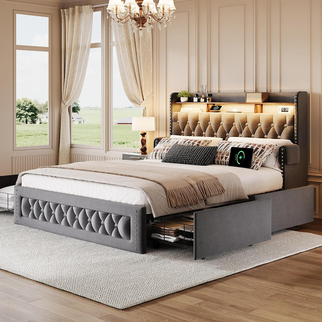 Ailisite Full Size Bed Frame with 4 Storage Drawers and RGB Led Lights,Velvet Upholstered Full Platform Bed with Charging Station and Bookcase Storage Headboard, with Crystal and Rivet Deco, Grey