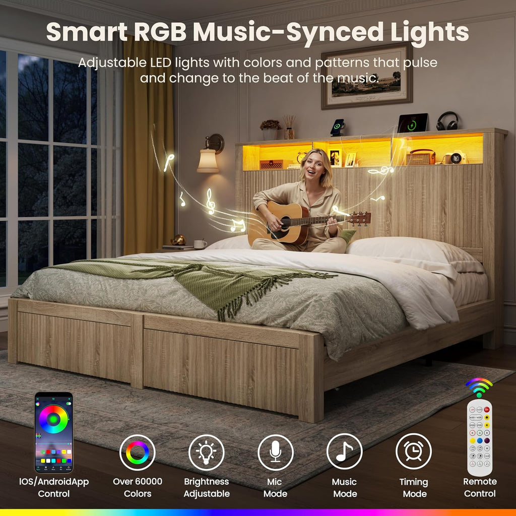 CypBed Queen Size Bed Frame with Headboard and Storage Drawers, Queen Bed Frame with LED Light and Charging Port, Farmhouse Wavy Design, Wood & Metal Platform, Noise-Free, No Box Spring Needed, Wood