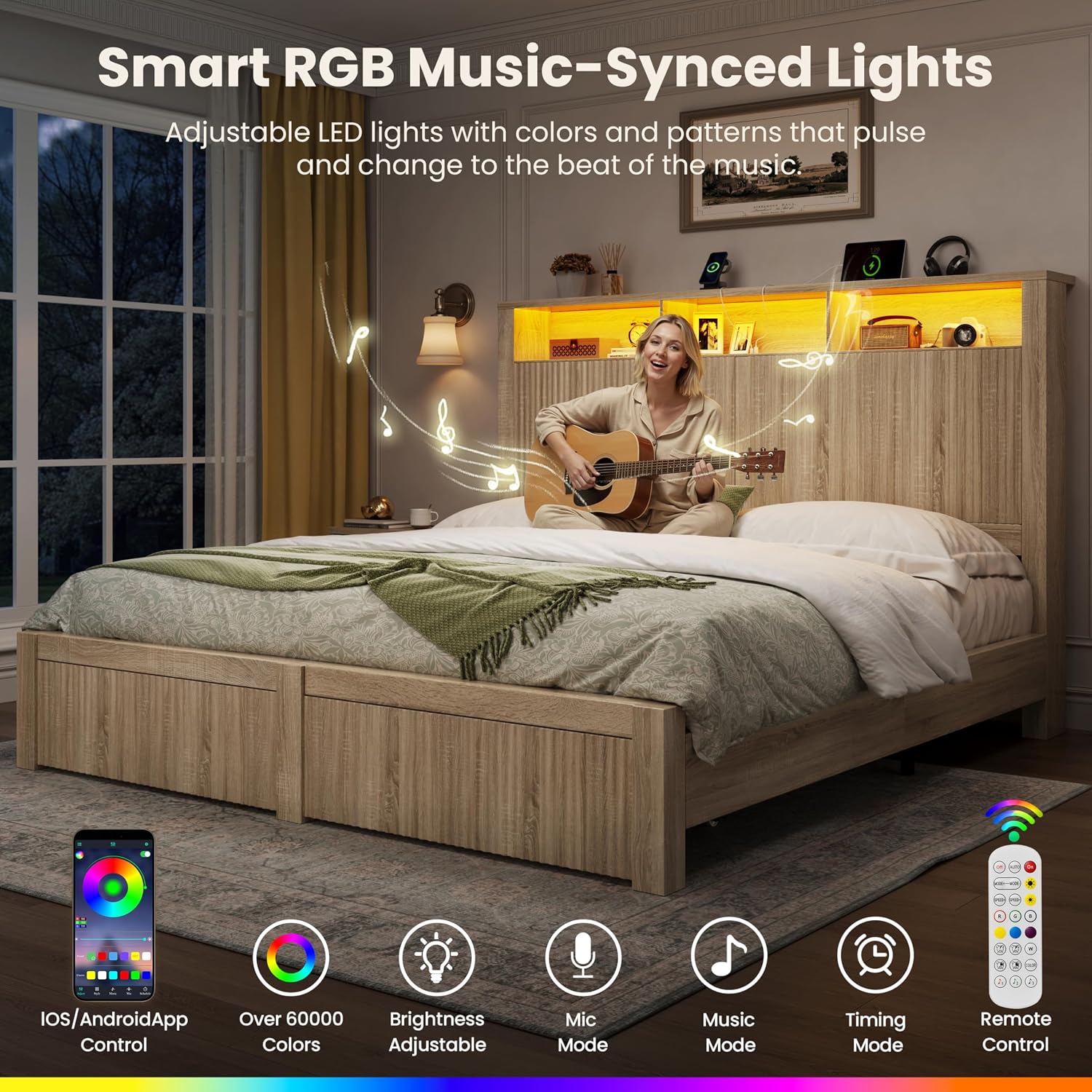 CypBed Queen Size Bed Frame with Headboard and Storage Drawers, Queen Bed Frame with LED Light and Charging Port, Farmhouse Wavy Design, Wood & Metal Platform, Noise-Free, No Box Spring Needed, Wood