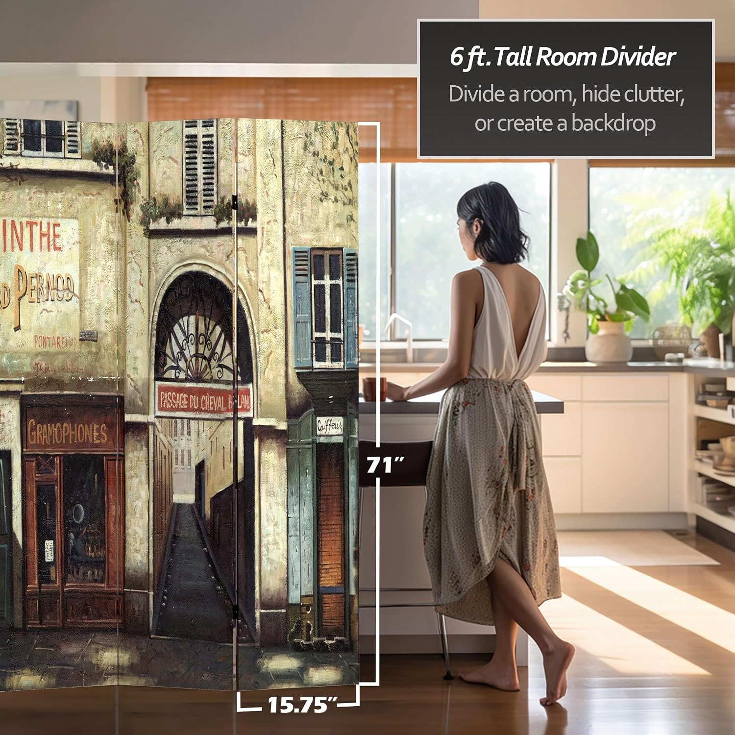 Red Lantern 6 ft. Tall Double Sided French Cafe Canvas Room Divider 4 Panel Freestanding Folding Privacy Screen, Partition, and Separator for Modern and Contemporary Bedroom, Home Office, Studio