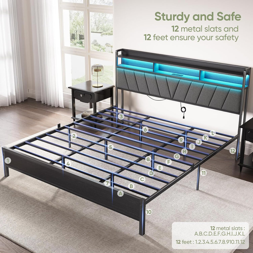 King Bed Frame with Wood Headboard, Metal Platform Bed with LED Lights & Charging Station, 2-Tier Storage Shelves, Sturdy and Easy Assembly, Under Bed Space, No Box Spring Needed, Noise Free, Black