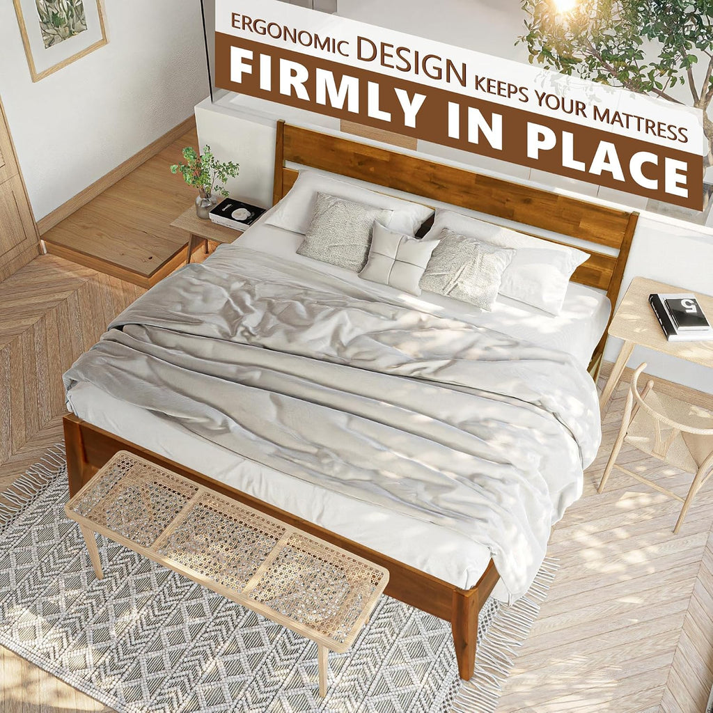 Acacia Emery Bed Frame with Headboard Solid Wood Platform Bed, Queen Size Bed Frame, Mid - Century Modern Wood Bed Compatible with All Mattresses, Easy Assembly, Non-Slip, Caramel.