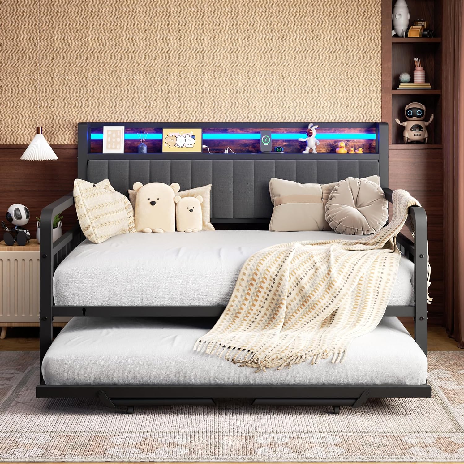 Daybed with Trundle and LED Light, Heavy Duty Metal Full Bed Frame with Upholstered Storage Headboard & Charging Station, Day Bed Pop Up Trundle Bed for Living Room,Bedroom and Guest Room, Brown