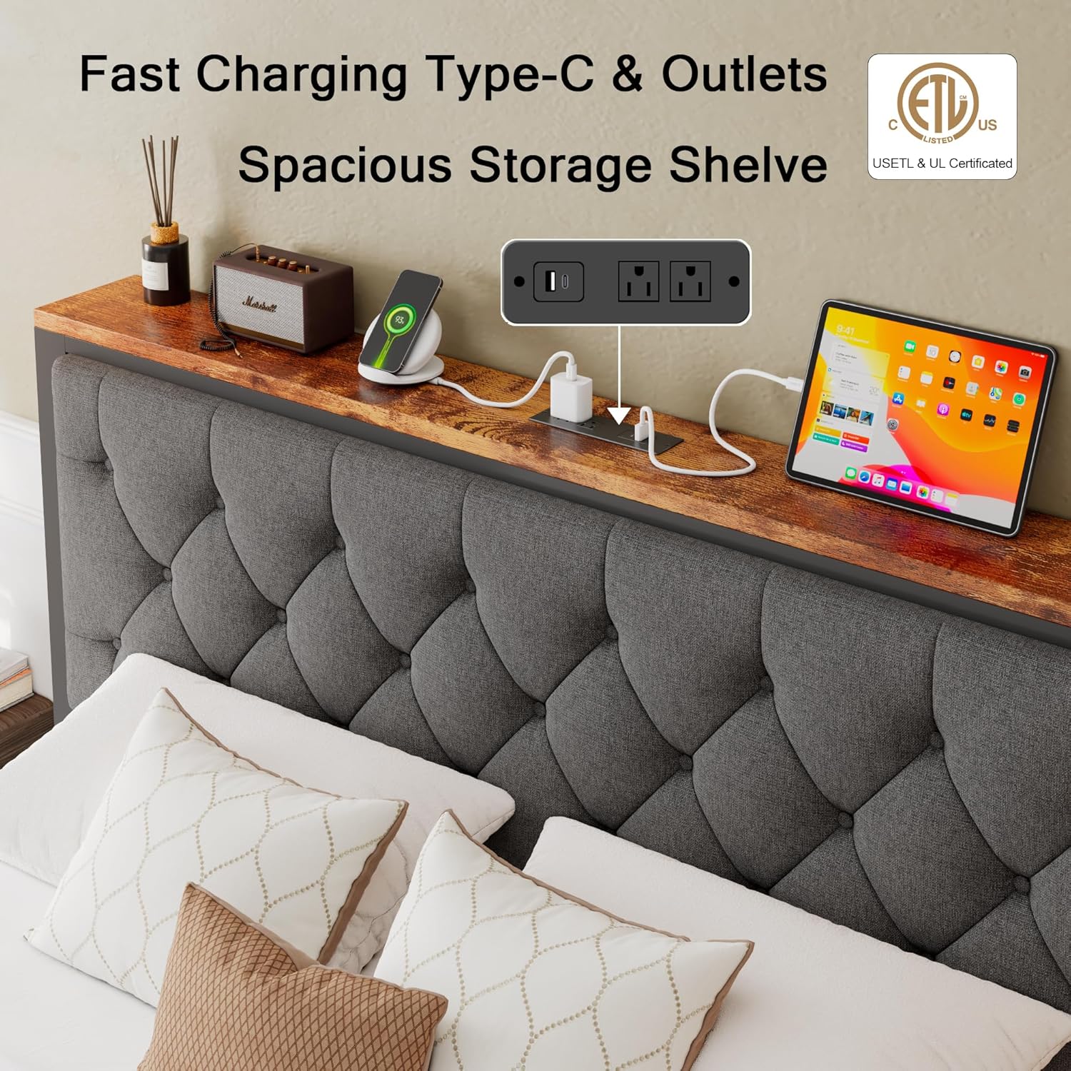 Einhomn Queen Bed Frame with 2 Storage Drawers, Metal Platform Bed with Charging Station, Upholstered Button Tufted Storage Headboard, No Box Spring Needed, Easy Assembly, Noise-Free, Grey